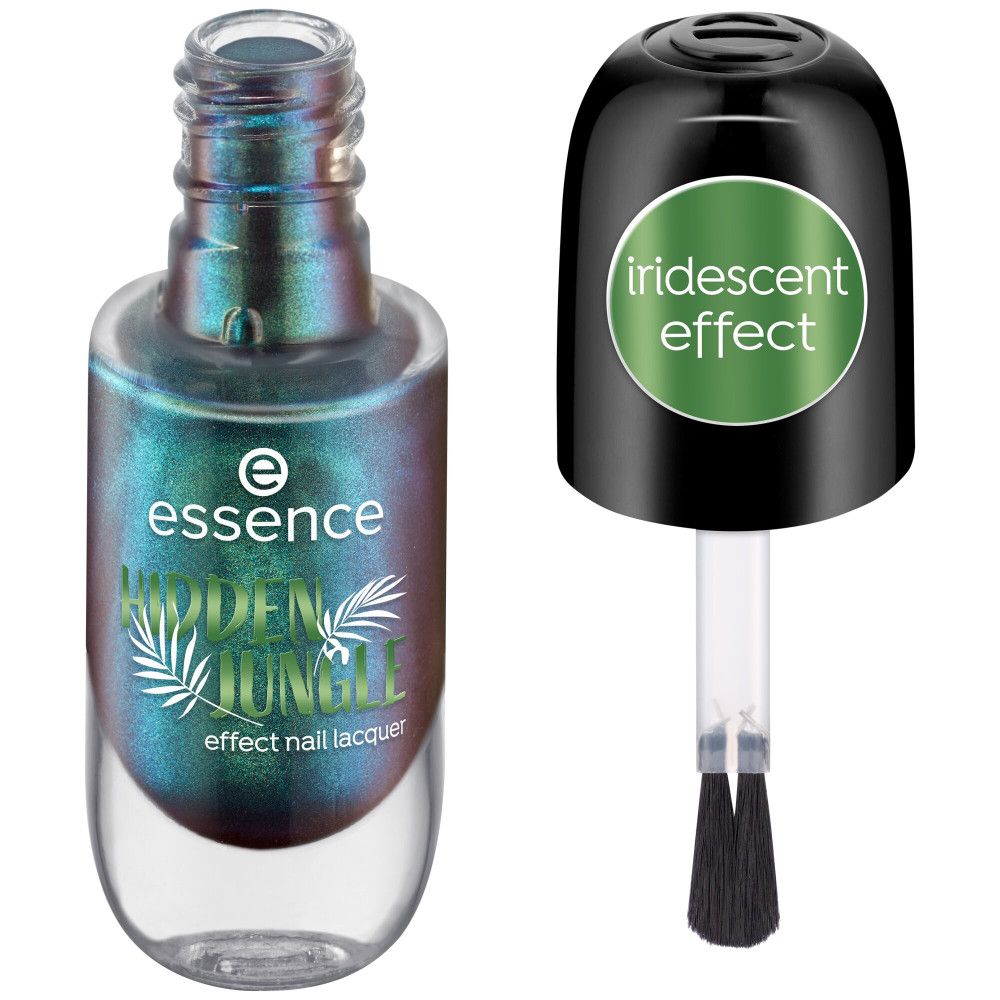Nagellackflasche mit geöffnetem Deckel. Sichtbar: Marke, Produktname, grüne und blaue Farbe, Pinsel. Auf dem Deckel: "iridescent effect".