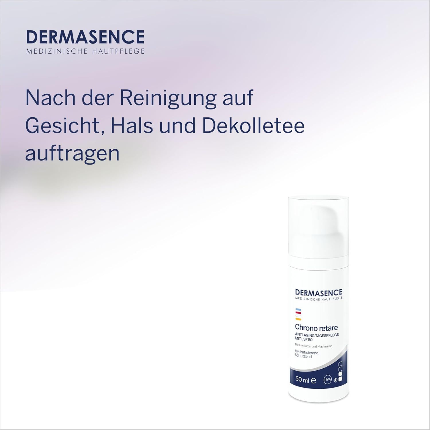 Weiße Flasche DERMASENCE Chrono retare. Text: Anti-Aging-Tagespflege, LSF 30. Anwendung: Auf Gesicht, Hals und Dekolleté auftragen.