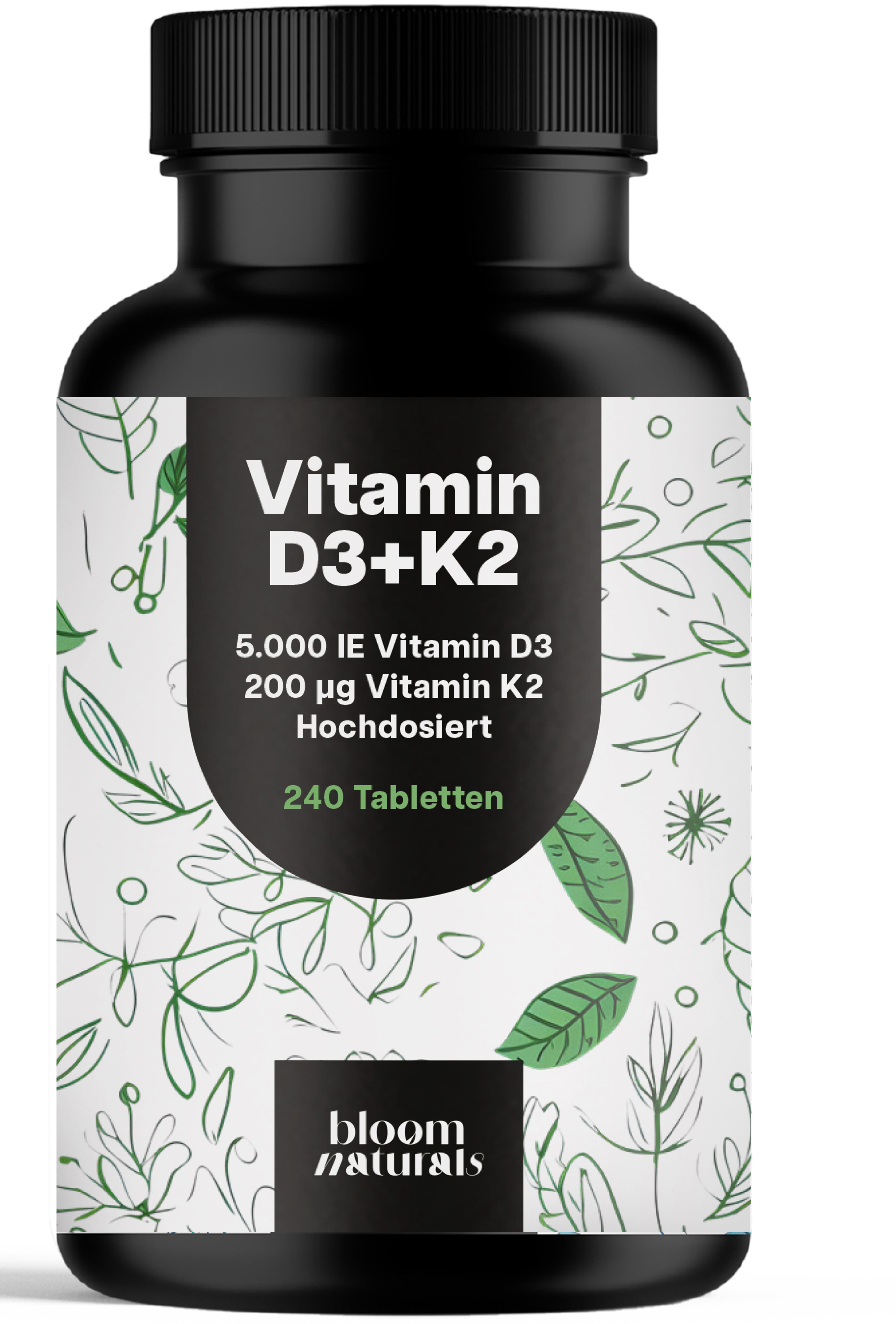 Vitamin D3 K2 - 240 Tabletten 5000 IE & 200 µg Bloom Naturals® 48 g