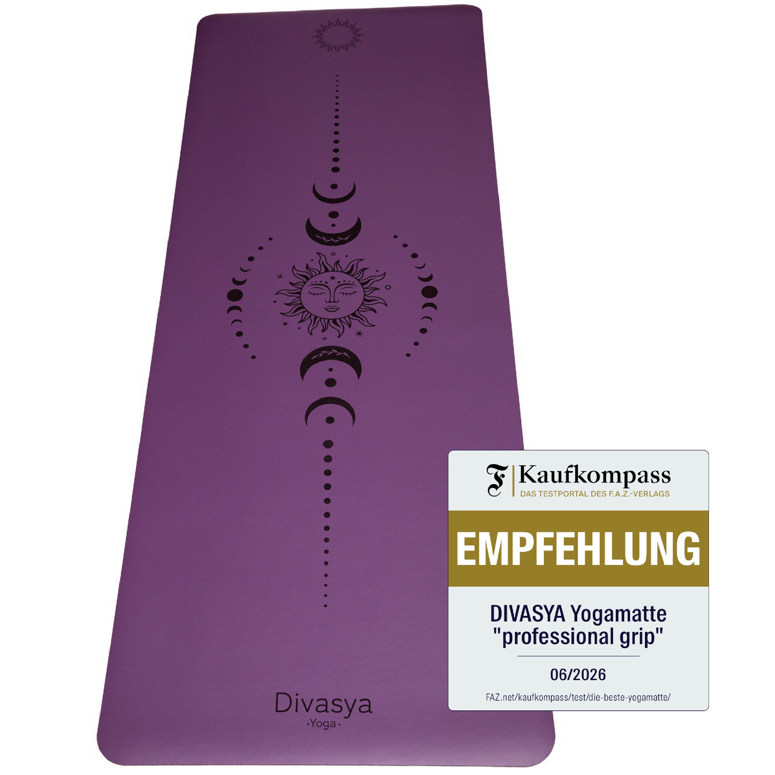 Lila Yogamatte mit Sonnensymbol und Mondphasen, mit Siegel 'Kaufkompass EMPFEHLUNG'.