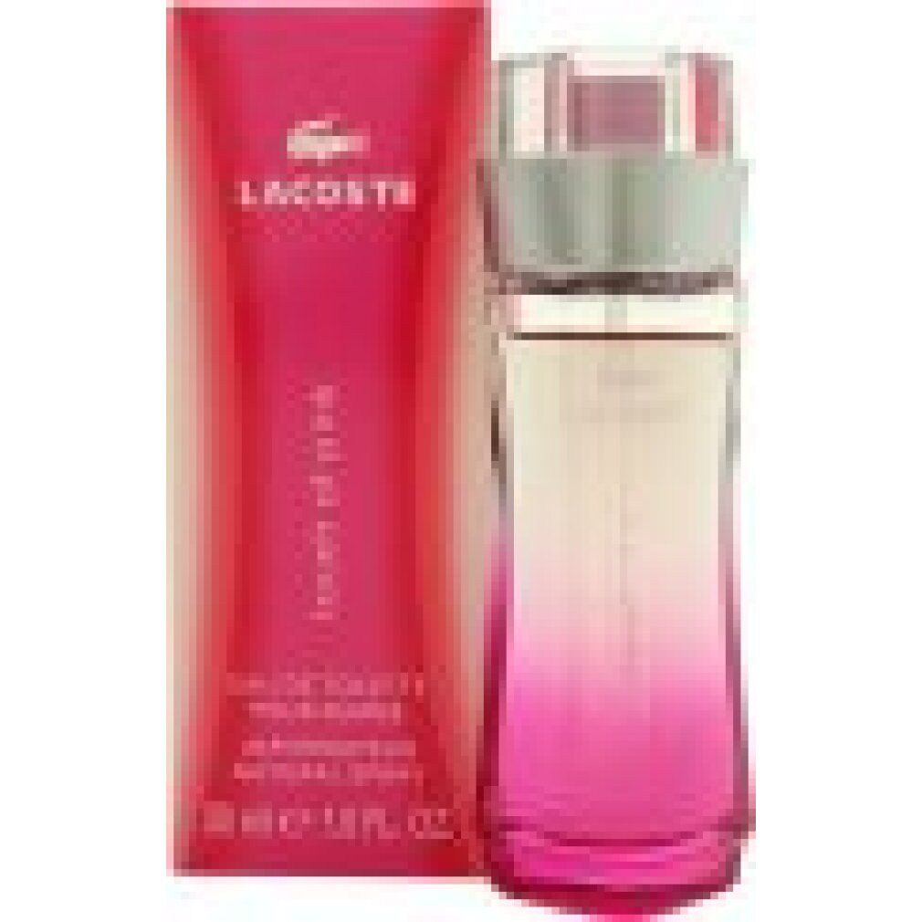 Rosa Flakon und Schachtel. Aufschrift LACOSTE, Touch of Pink. Eau de Toilette, 100 ml.