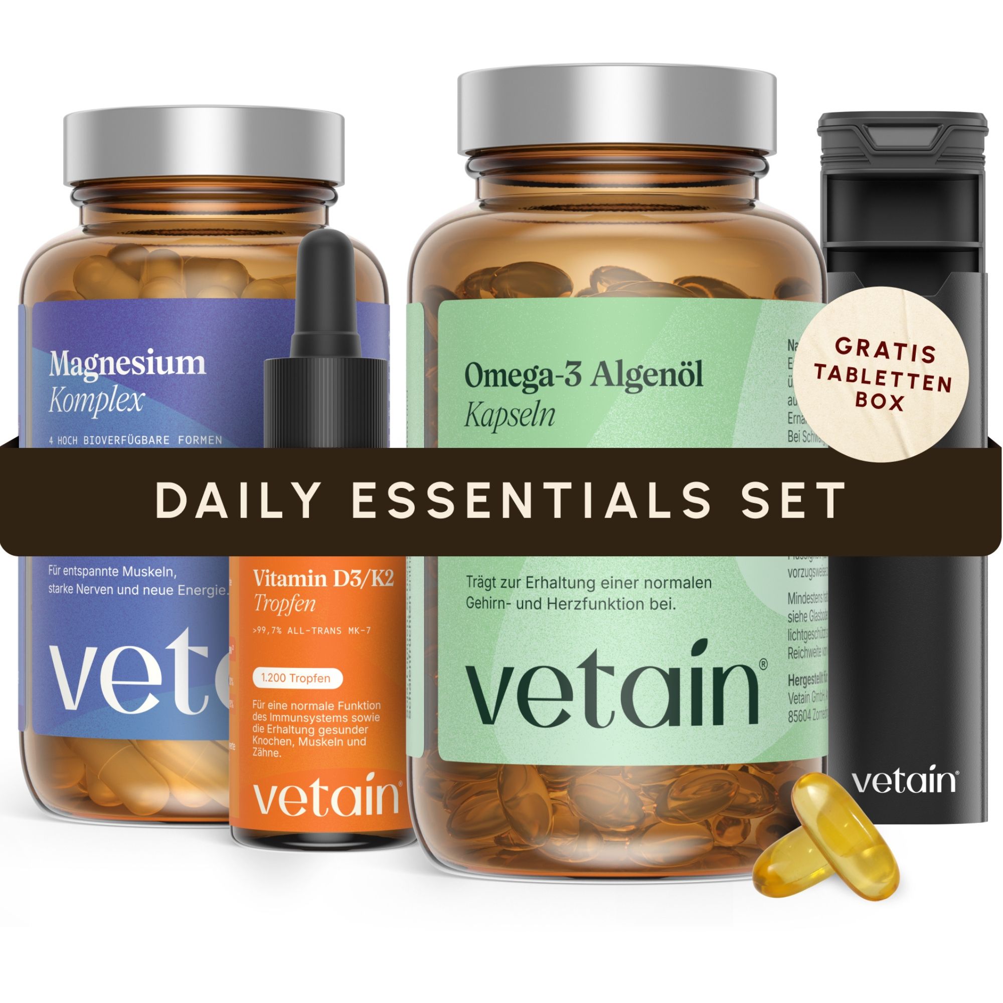 Daily Essentials Set: Magnesium Komplex, Omega-3 Algenöl Kapseln, Vitamin D3/K2 Tropfen und Pillendose.
