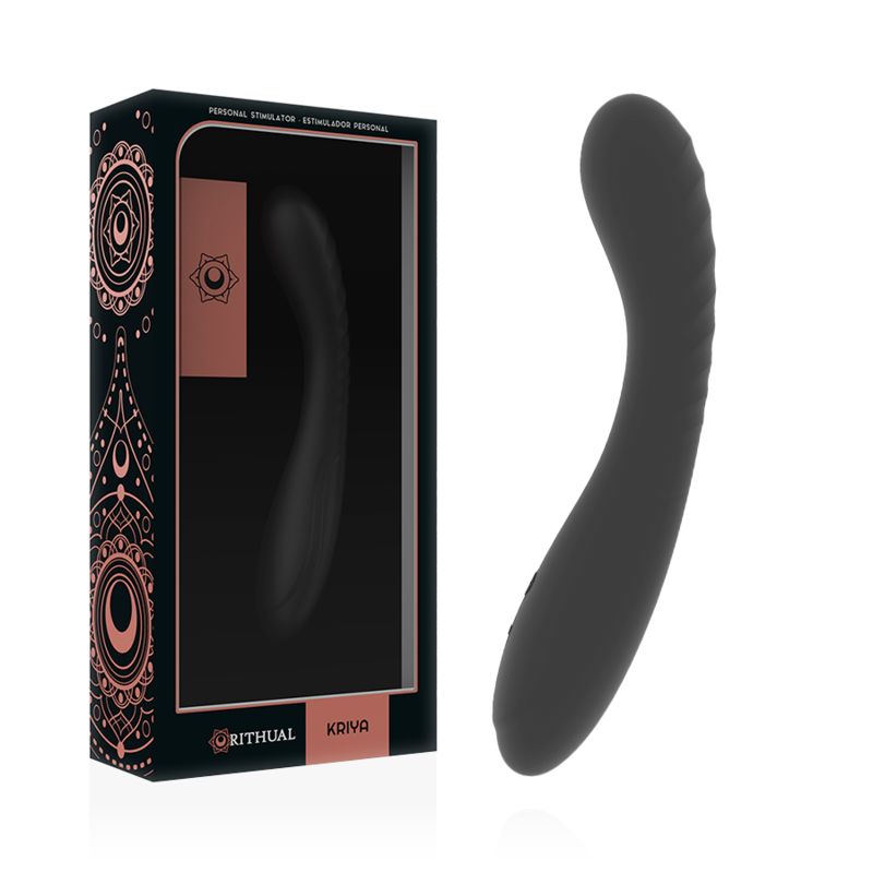 Schwarzer, gebogener Vibrator mit Verpackung. Auf der Verpackung steht "Rithual Kriya".