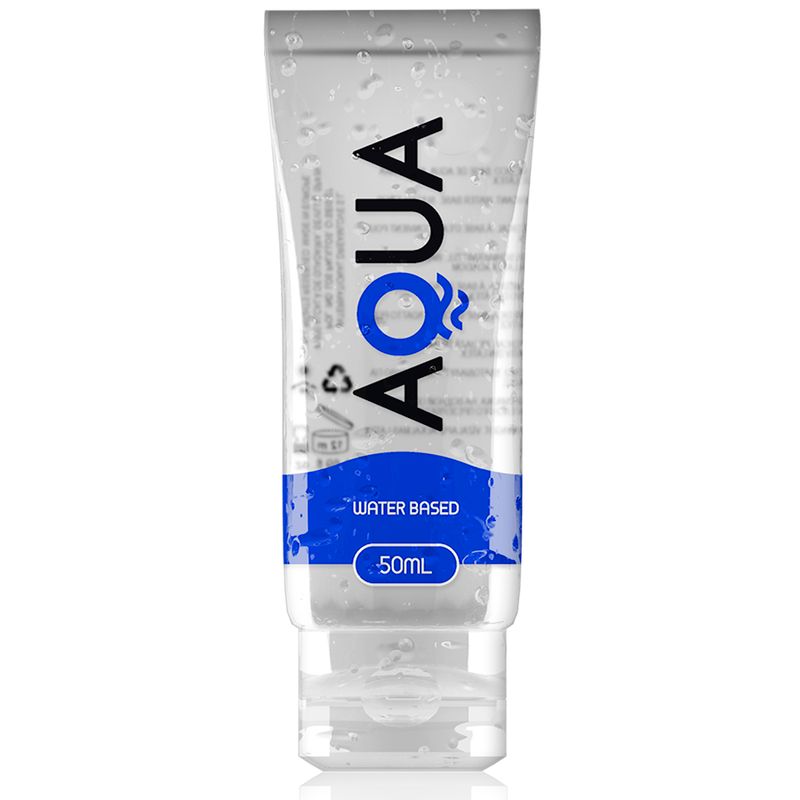 Tube mit AQUA-Logo und blauer Schrift. "WATER BASED" und "50ml" sind ebenfalls sichtbar. Transparenter Verschluss.