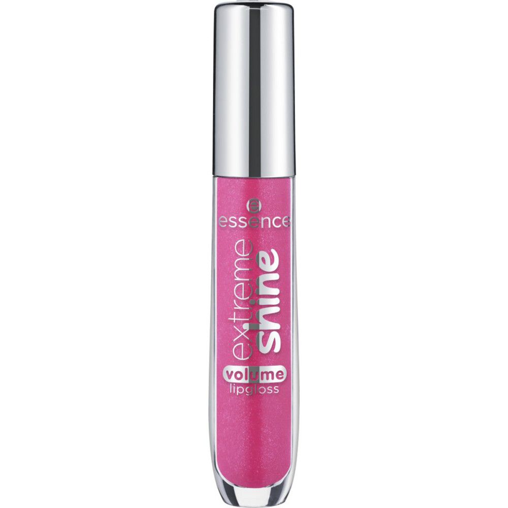 Geschlossene Lipgloss-Tube mit pinkfarbenem Inhalt und silberner Kappe. Aufschrift: Extreme Shine Volume Lipgloss.