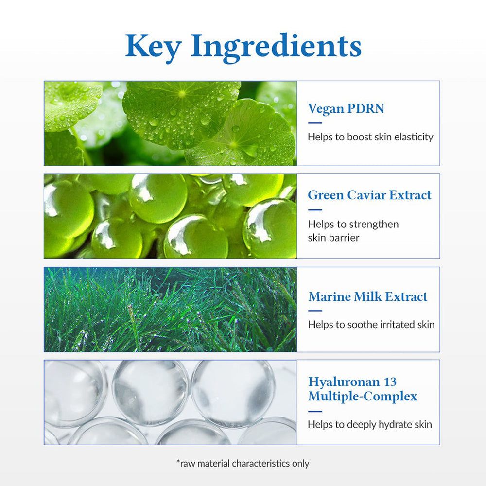 Grafik: Key Ingredients. Vegan PDRN, Green Caviar Extract, Marine Milk Extract, Hyaluronan 13 Multiple-Complex.