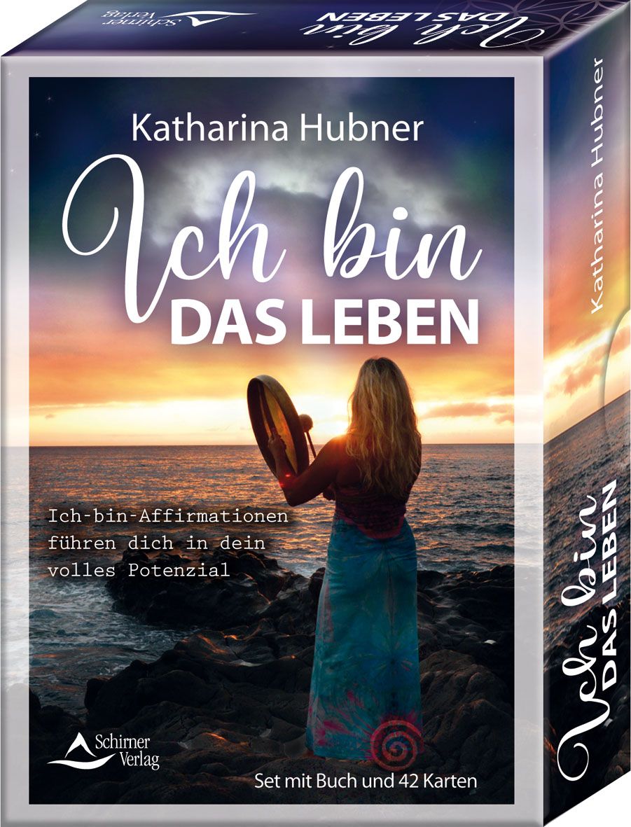 Kartenbox mit Titel "Ich bin das Leben". Autorin: Katharina Hubner. Enthält Buch und 42 Karten. Schimer Verlag Logo.