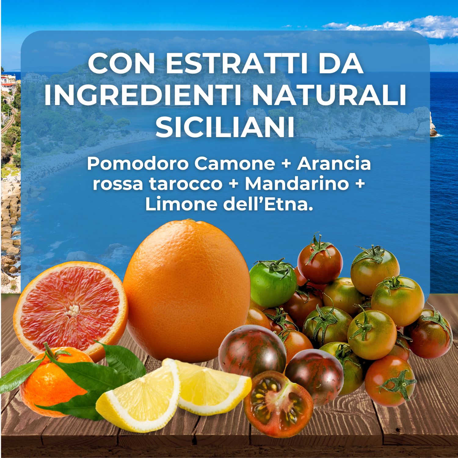 Vari frutti: arancia rossa, pomodori, mandarino, limone. Scritta: Ingredienti siciliani.
