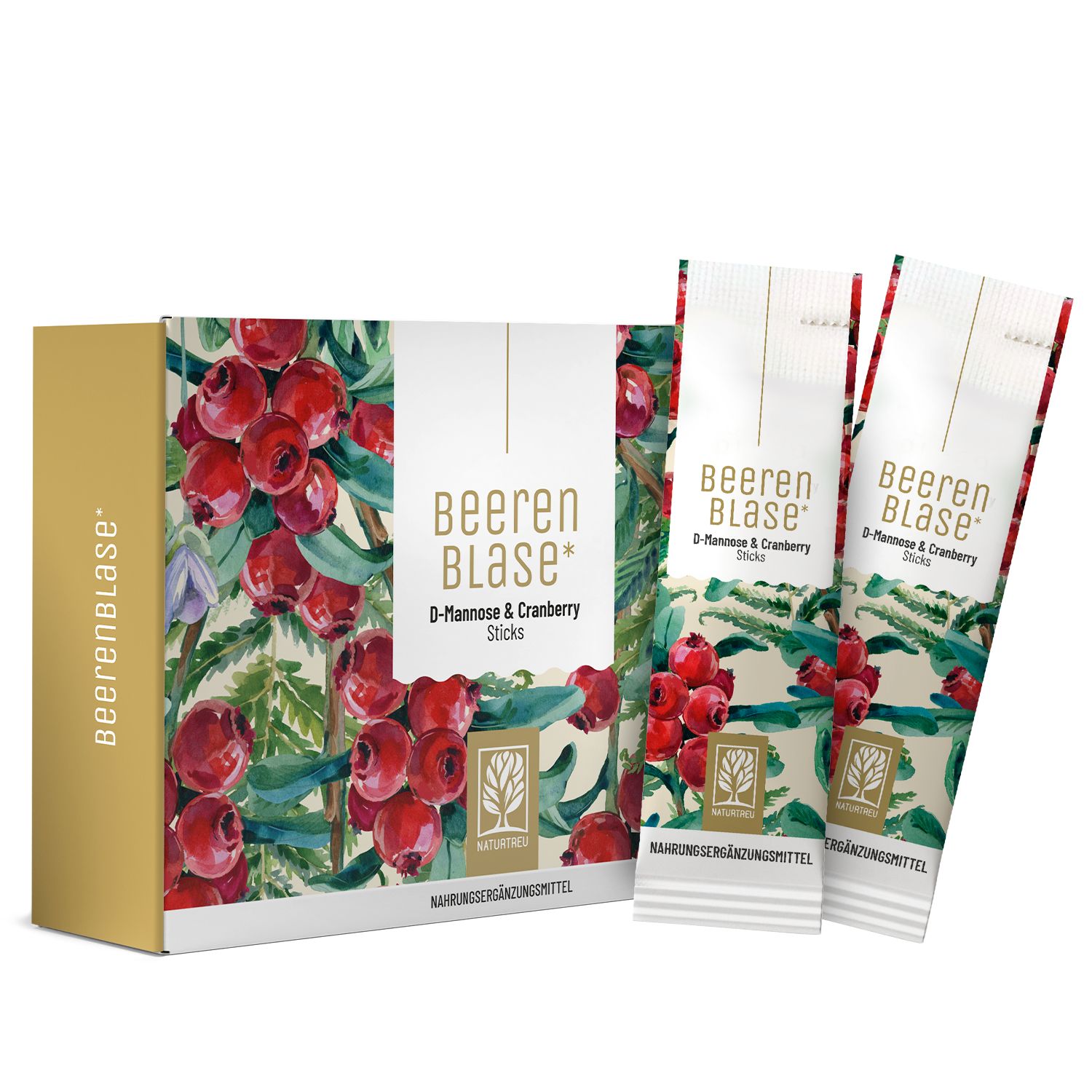 Karton und Beutel mit Produktaufdruck. Aufschrift: BEERENBLASE, D-Mannose & Cranberry Sticks. Abbildung von roten Beeren.