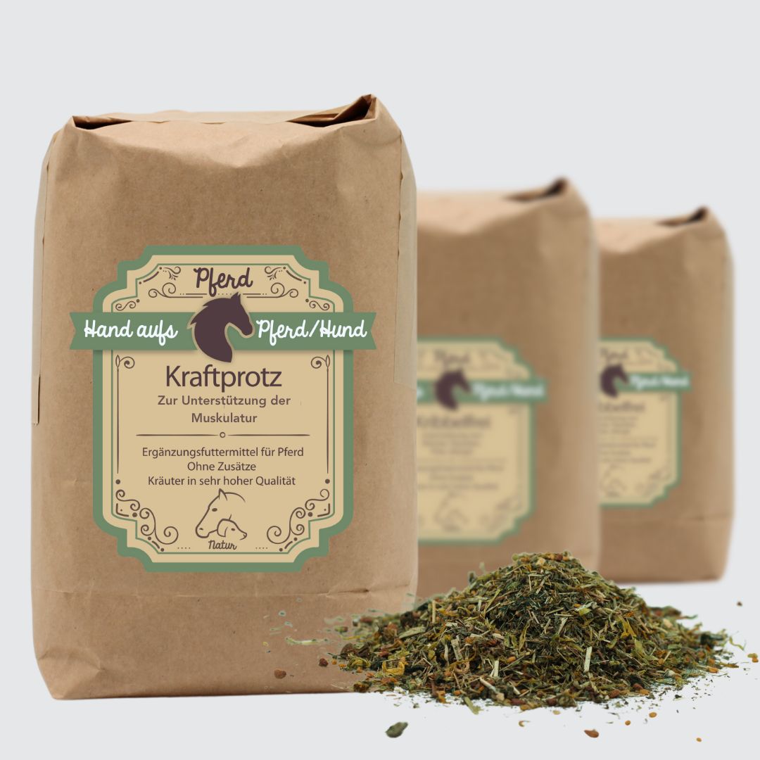 Drei braune Papiertüten mit Produktetikett und Kräutermischung. Text: Hand aufs Pferd/Hund, Kraftprotz, Ergänzungsfuttermittel für Pferde ohne Zusätze.