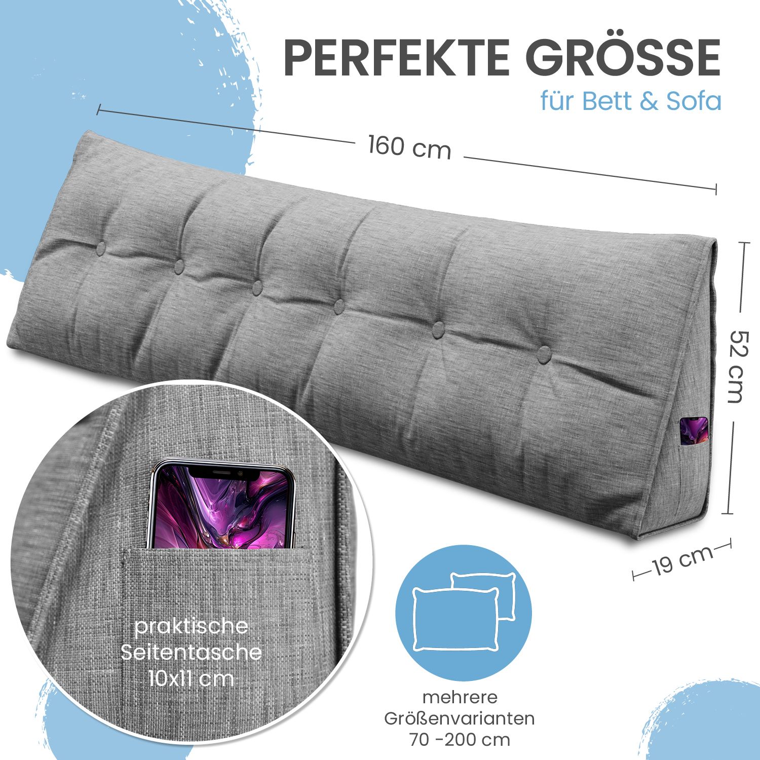 Graues Kissen mit Knöpfen, Seitenfach und Größenangaben. Maße: 160x52x19 cm. Text: Perfekte Größe.