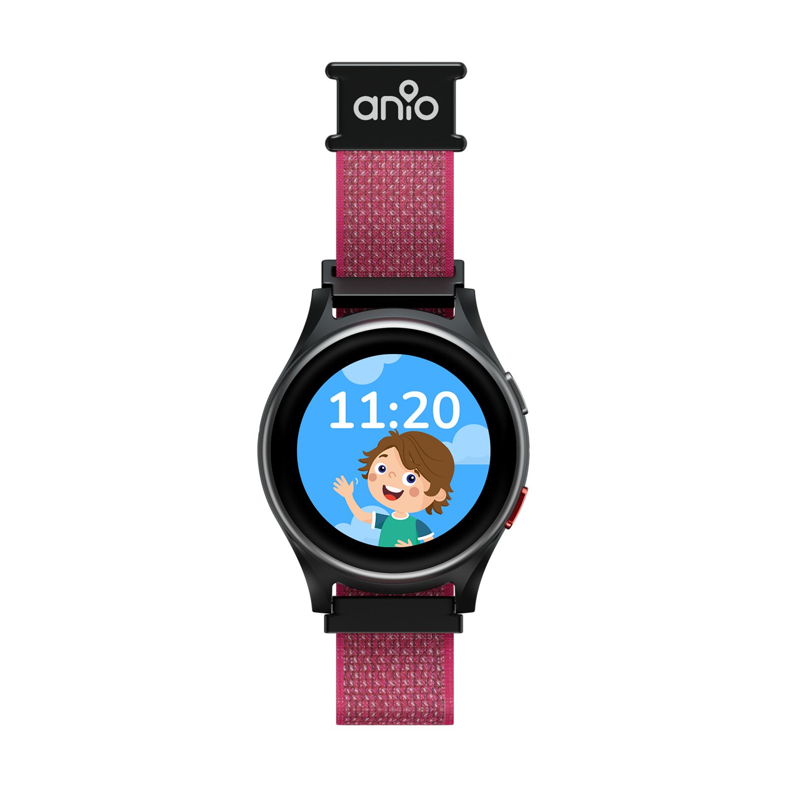Schwarze Smartwatch mit pinkfarbenem Armband. Auf dem Bildschirm: Kind mit Uhrzeit 11:20. Logo 'anio' auf dem Armband.