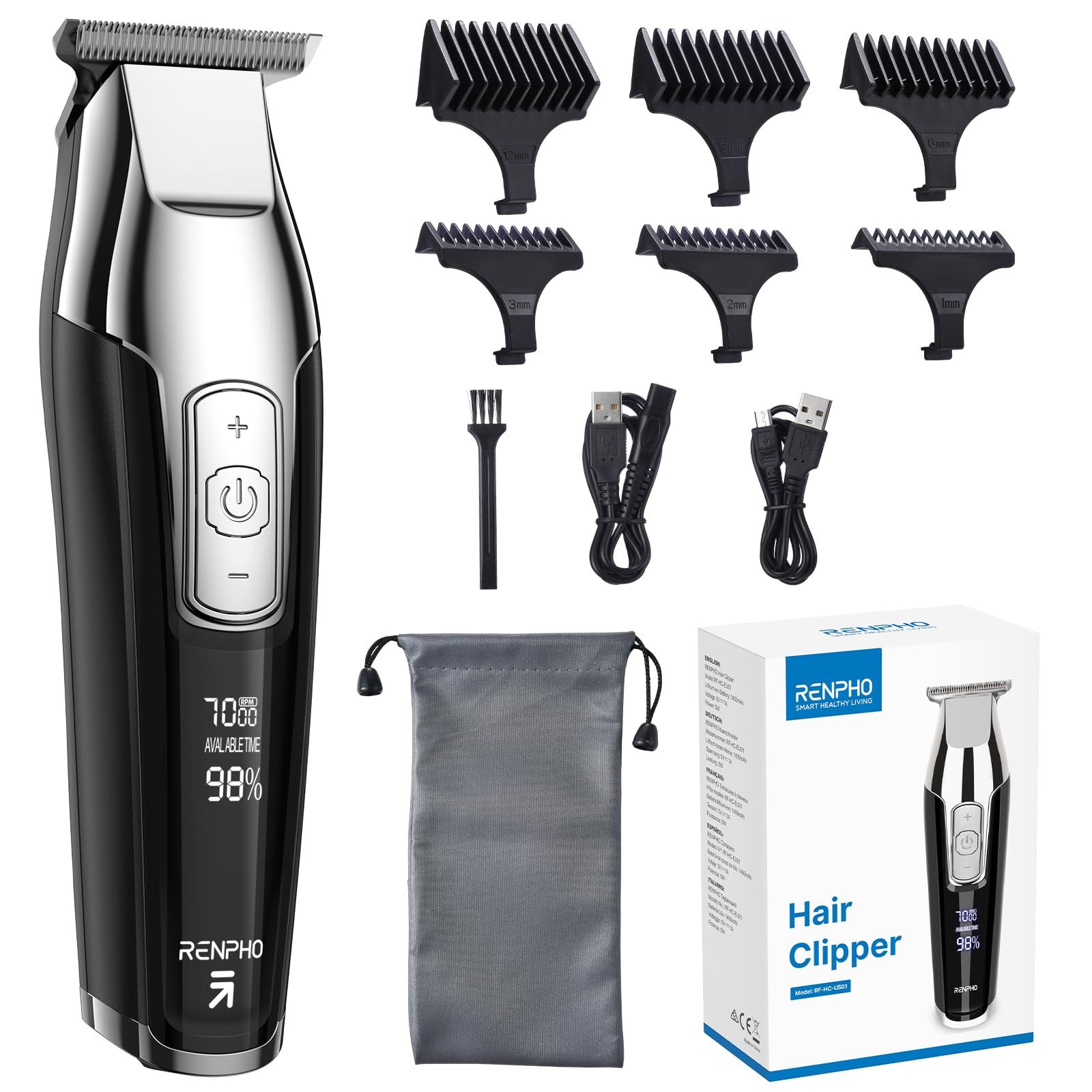 Schwarzer Haarschneider mit Zubehör: Aufsätze, Reinigungsbürste, USB-Kabel, Beutel und Box. Digitalanzeige.