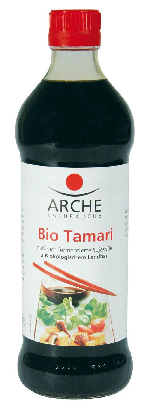 Arche Naturküche Bio Tamari Sojasauce Flasche mit rotem Deckel und Etikett.