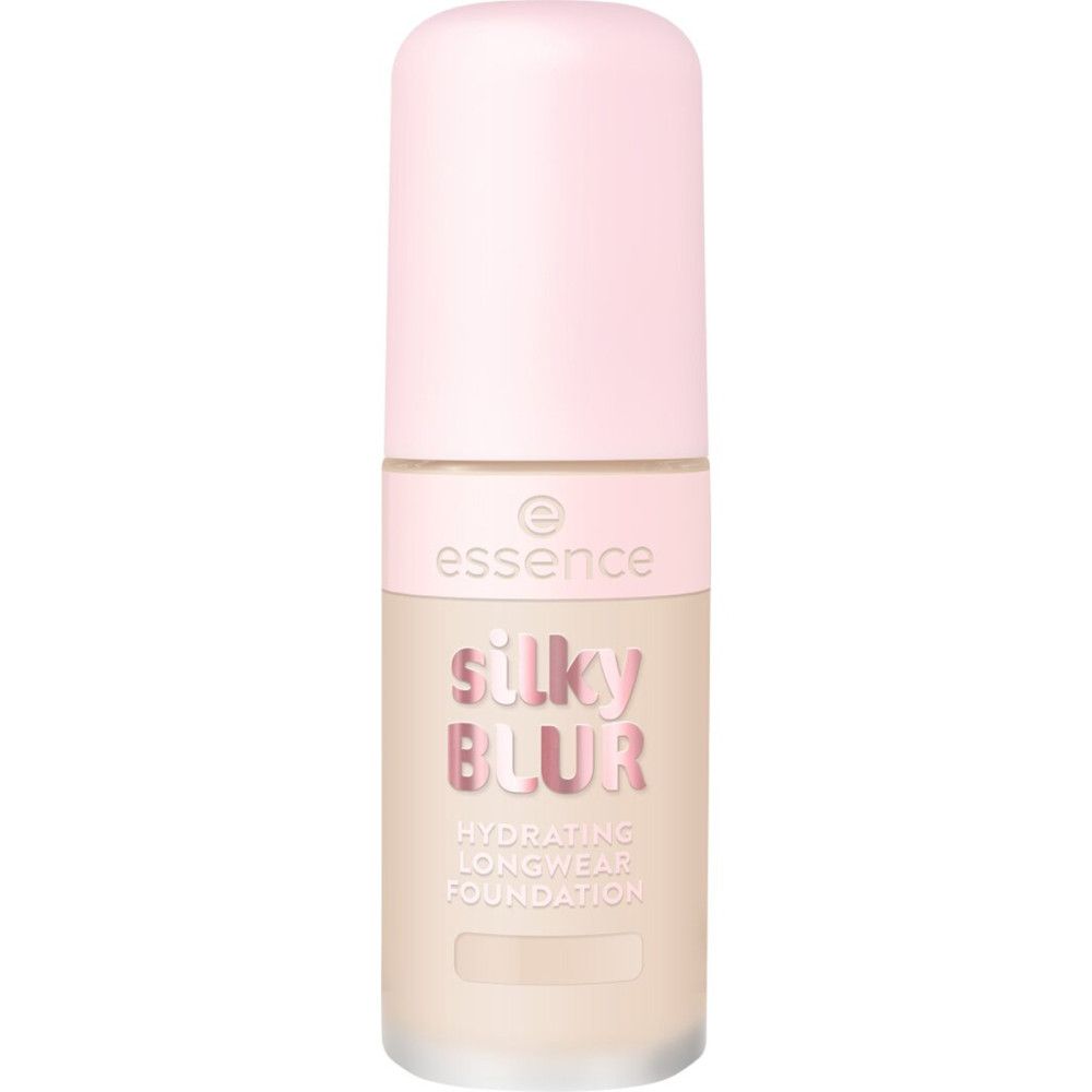 Foundation-Flakon mit rosa Deckel. Aufschrift: Silky Blur, Hydrating Longwear Foundation. Marke: Essence.