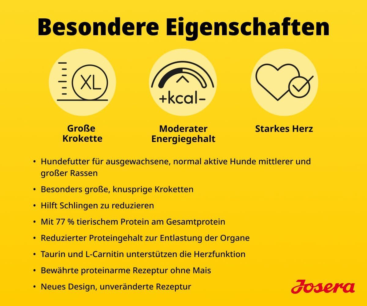 Josera Optiness Hundefutter: Besondere Eigenschaften wie große Kroketten und moderater Energiegehalt.