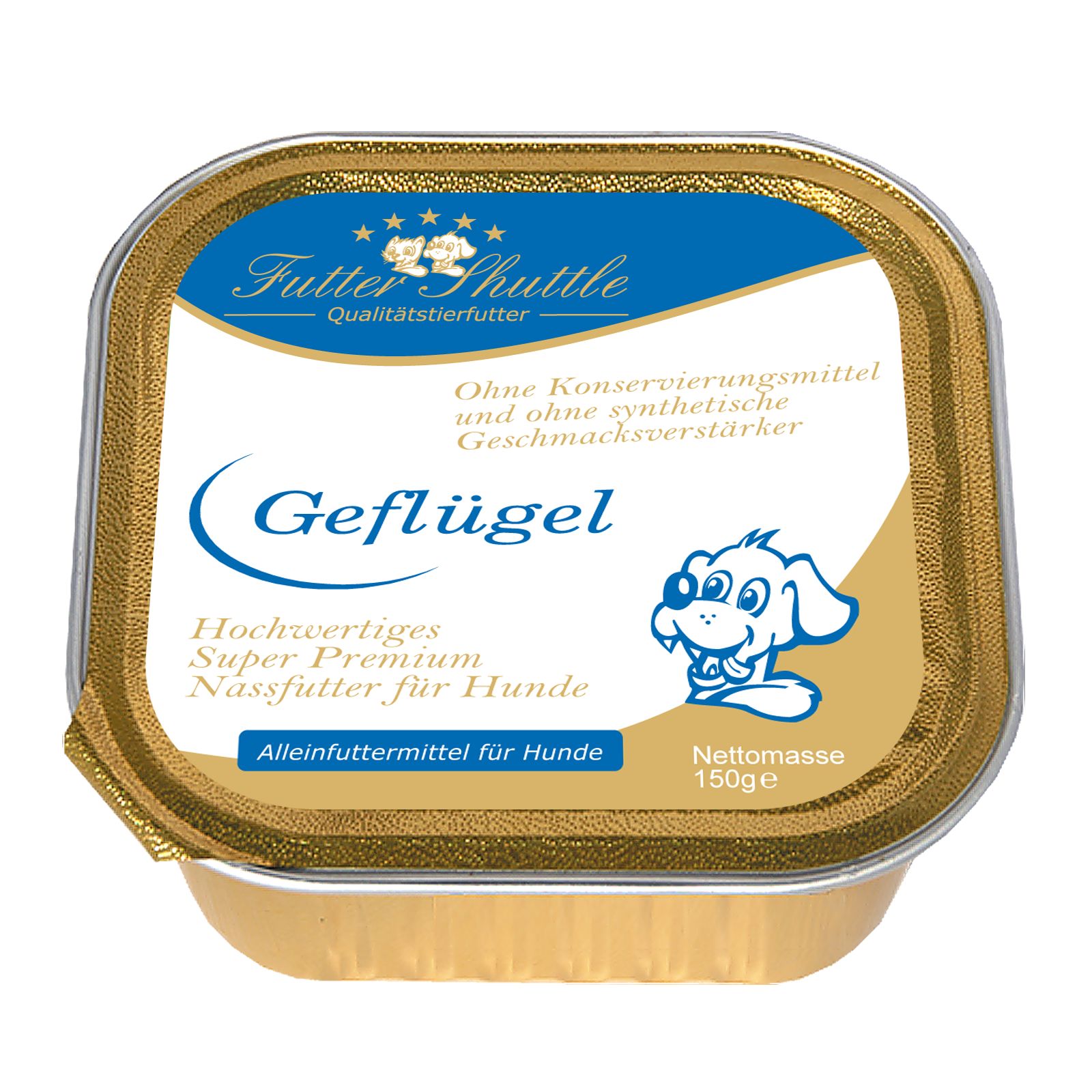 Hundefutter-Portionsschale mit Geflügel. Blaue und goldene Verpackung. Text: Geflügel, Super Premium Nassfutter, ohne Konservierungsstoffe.