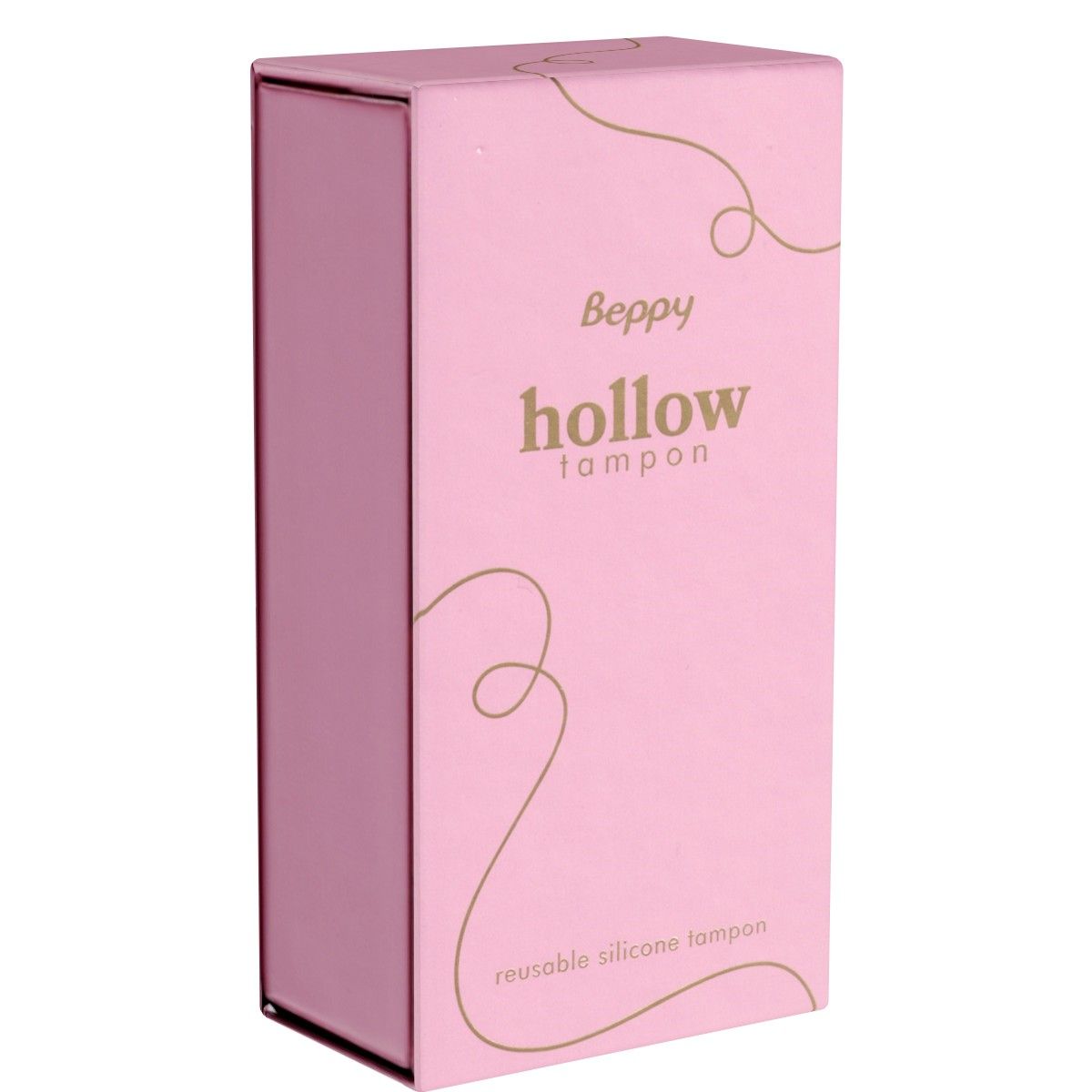 Rosa Verpackung mit Produktnamen Beppy hollow tampon. Aufschrift: reusable silicone tampon. Goldfarbene dekorative Linien.