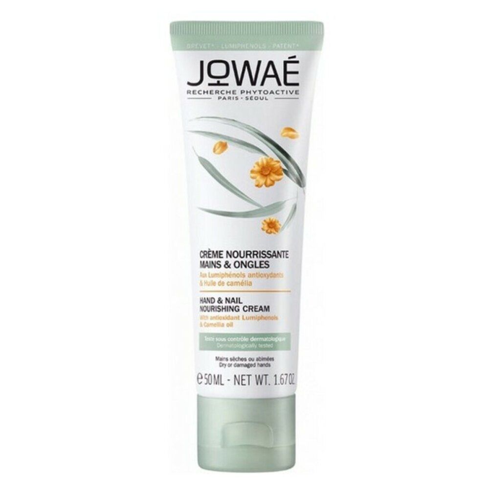Creme-Tube mit grünem Deckel. Aufschrift: JOWAE, Crème Nourrissante Mains & Ongles. Hand & Nail Nourishing Cream.