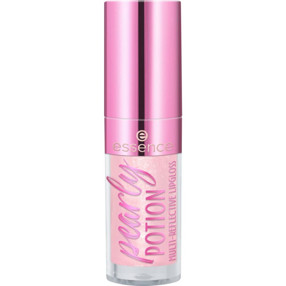 Essence Multi-Reflektierender Lipgloss Pearly Potion. Rosa Tube mit rosa Deckel. Produktname und Marke sichtbar.