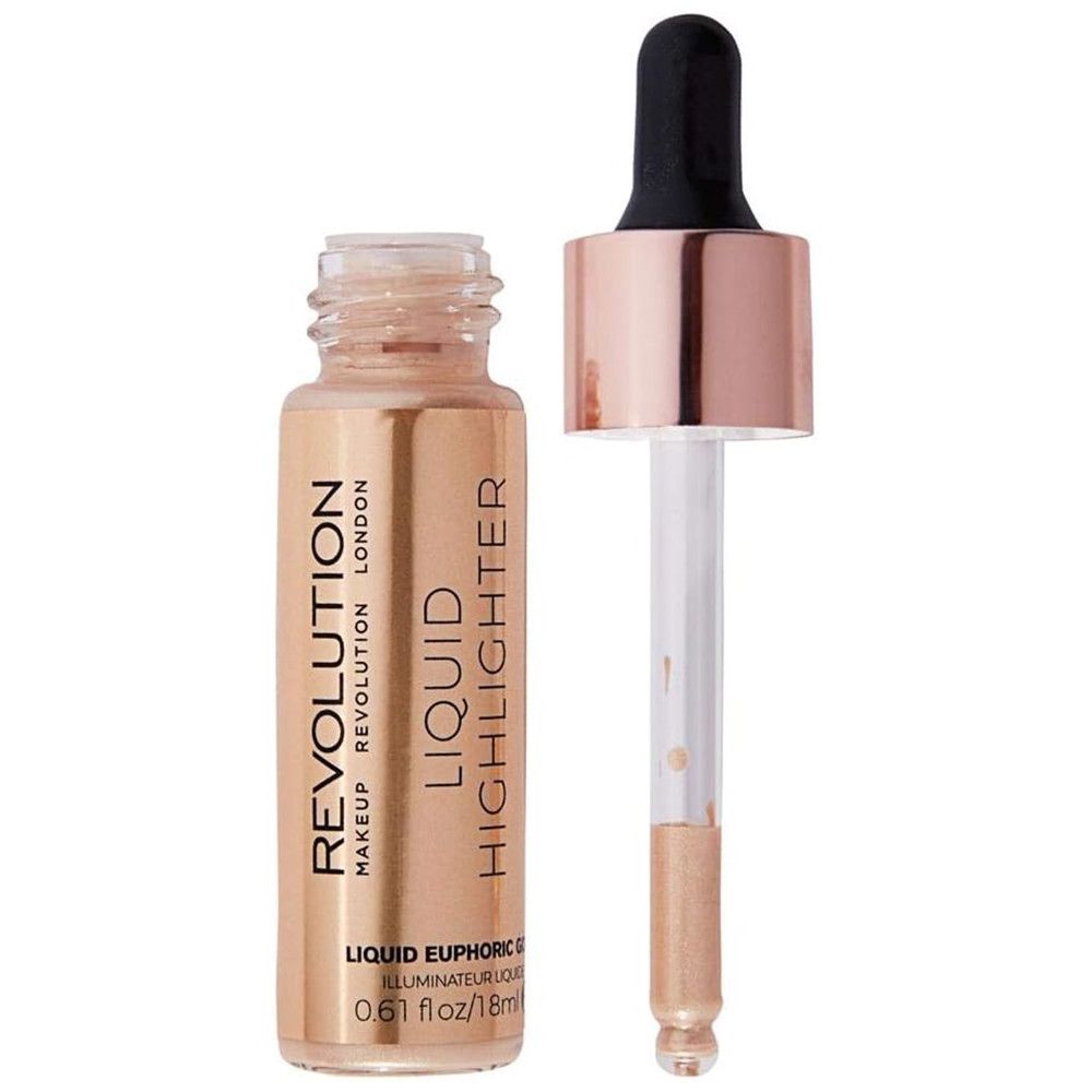 Flüssiger Highlighter in einer Glasflasche mit goldfarbenem Deckel und Pipette. Beschriftung: REVOLUTION LONDON, LIQUID HIGHLIGHTER. Pipette herausgenommen.