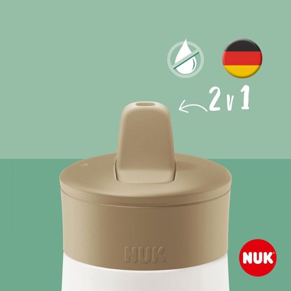 Babyflasche mit braunem Deckel und NUK-Logo. 2v1-Funktion, deutsche Flagge und Tropfensymbol.