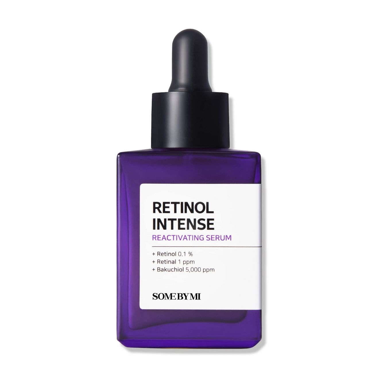 Violette Flasche mit schwarzem Deckel und Pipette. Aufschrift: Retinol Intense Reactivating Serum. Marke: SOMEBYMI.