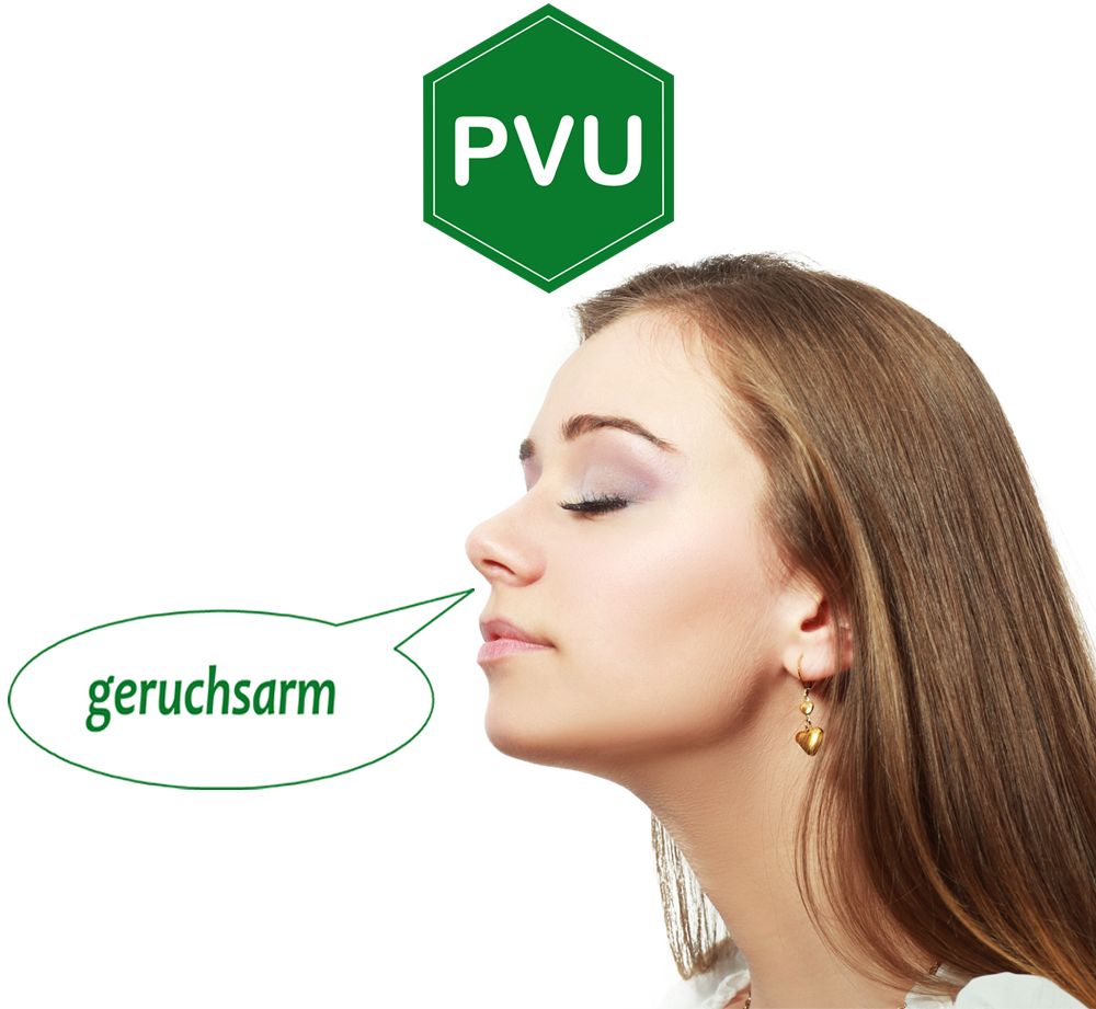 Profil einer Frau, die an einer Sprechblase riecht. Logo: PVU. Sprechblase mit Text: geruchsarm. Weißer Hintergrund.