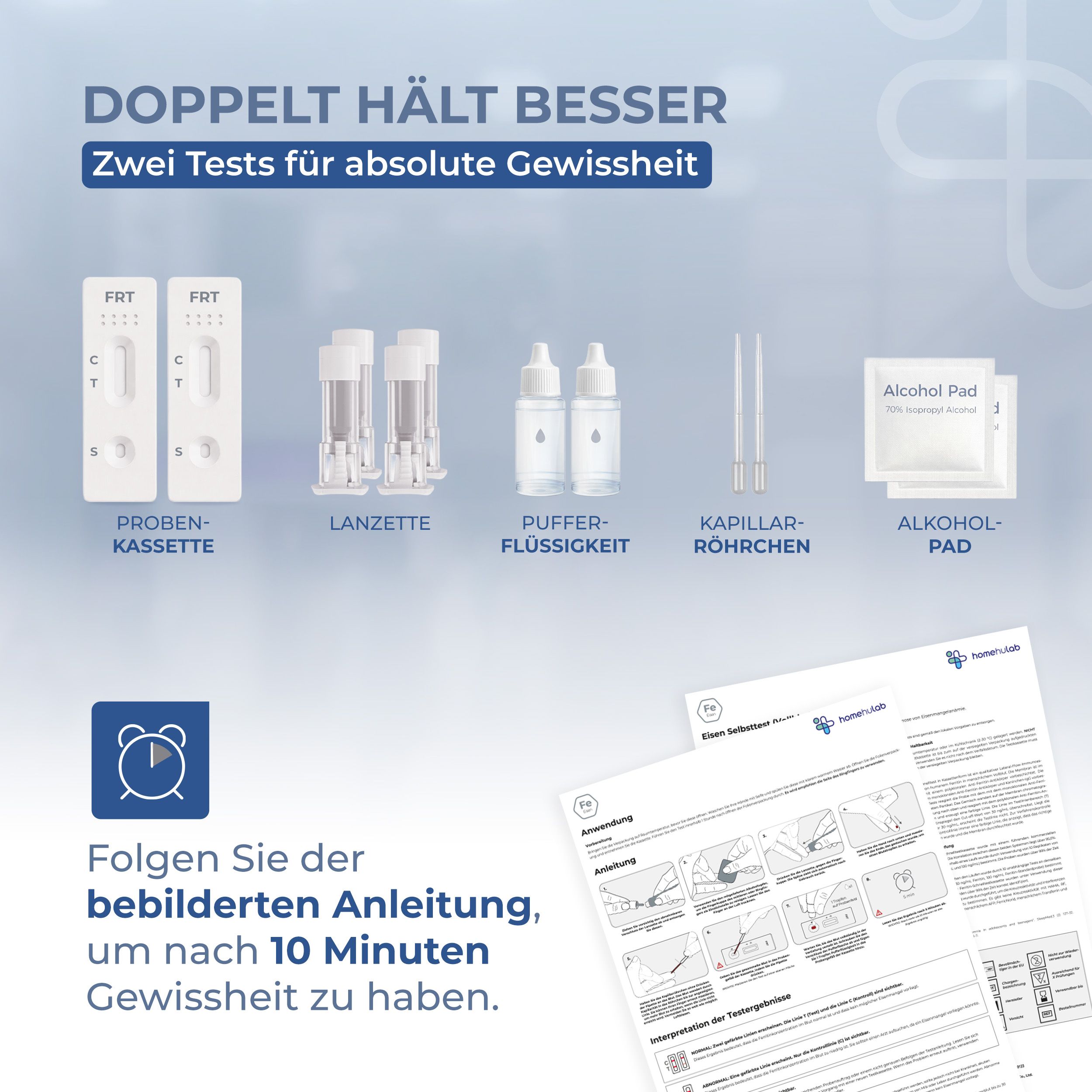 Zwei Tests, Zubehör: Probenkassette, Lanzette, Pufferflüssigkeit, Kapillar-Röhrchen, Alkohol-Pad. Anleitung. Homehulab.