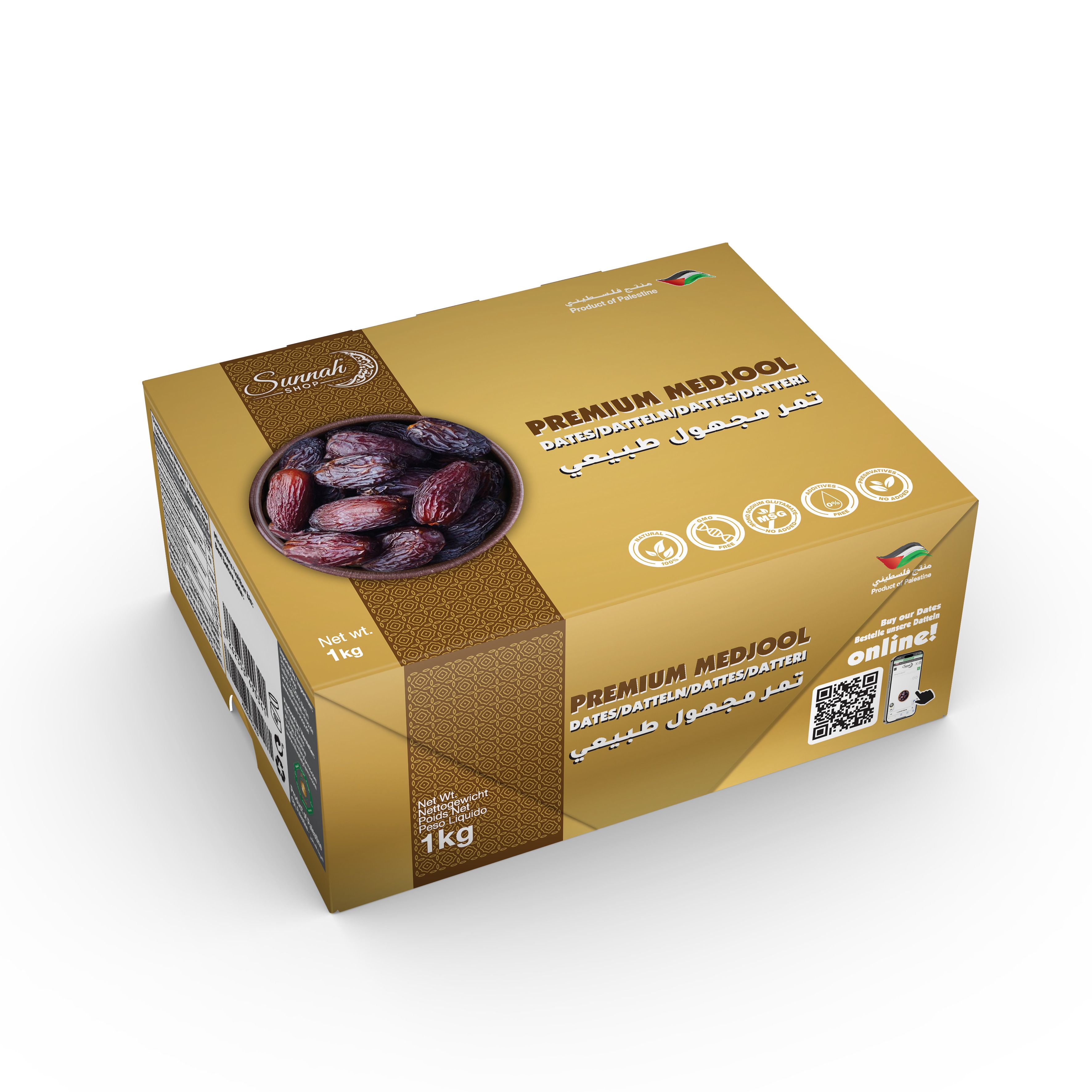 Verpackung von Premium Medjool Datteln. Goldfarbene Schachtel mit Datteln in einer Schale. Netto 1kg.