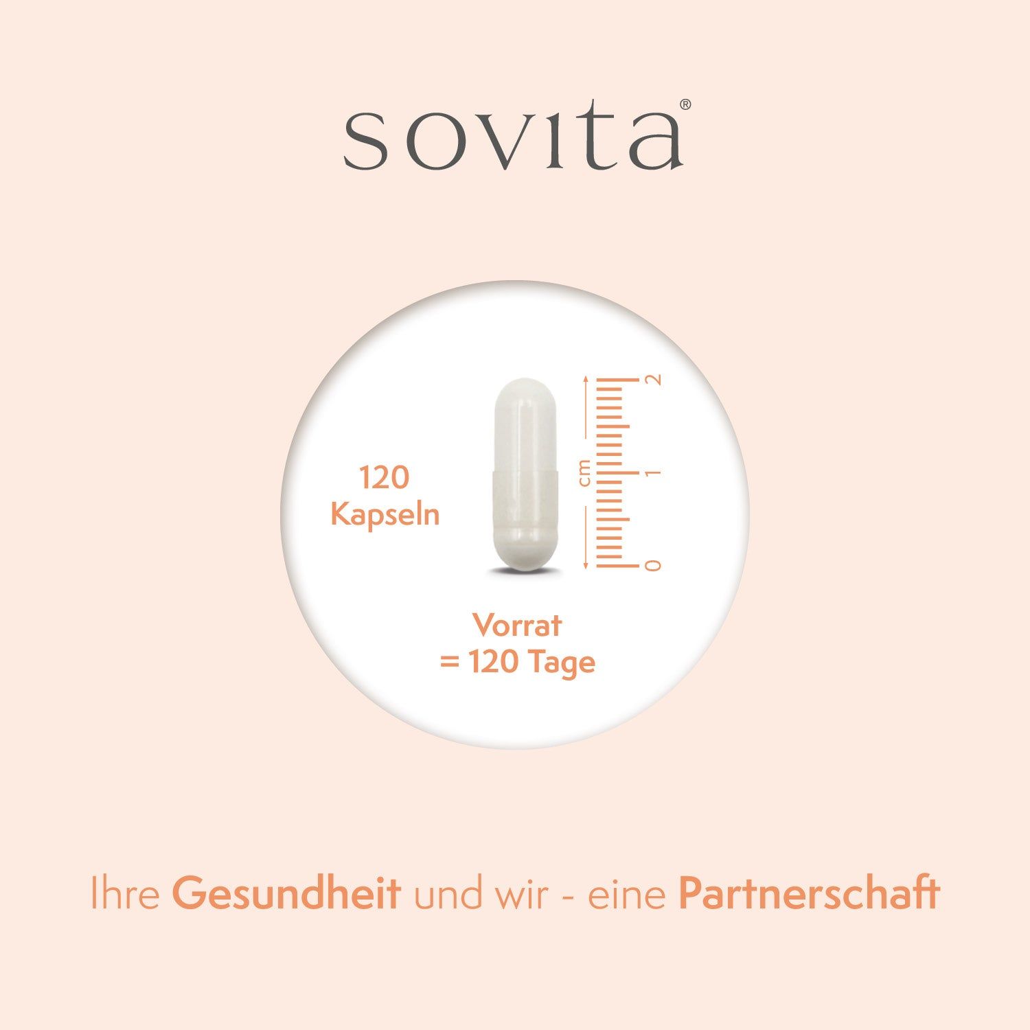 Kapsel in einem Kreis mit Maßangabe. Text: 120 Kapseln, Vorrat = 120 Tage. Text: Ihre Gesundheit und wir - eine Partnerschaft.