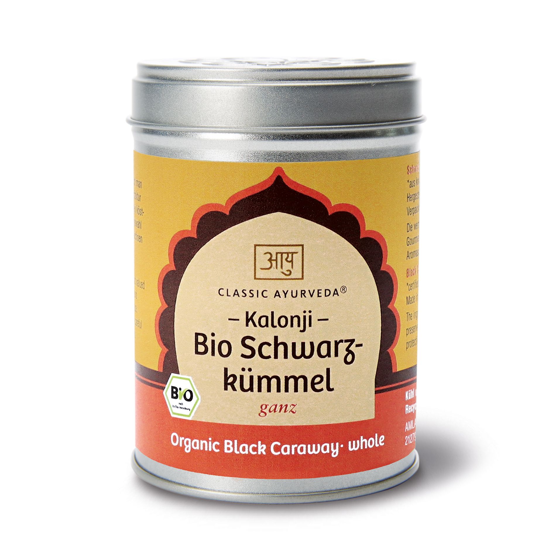 Zylindrische Dose mit Etikett. Aufschrift: Classic Ayurveda, Kalonji Bio-Schwarzkümmel. Bio-Siegel.