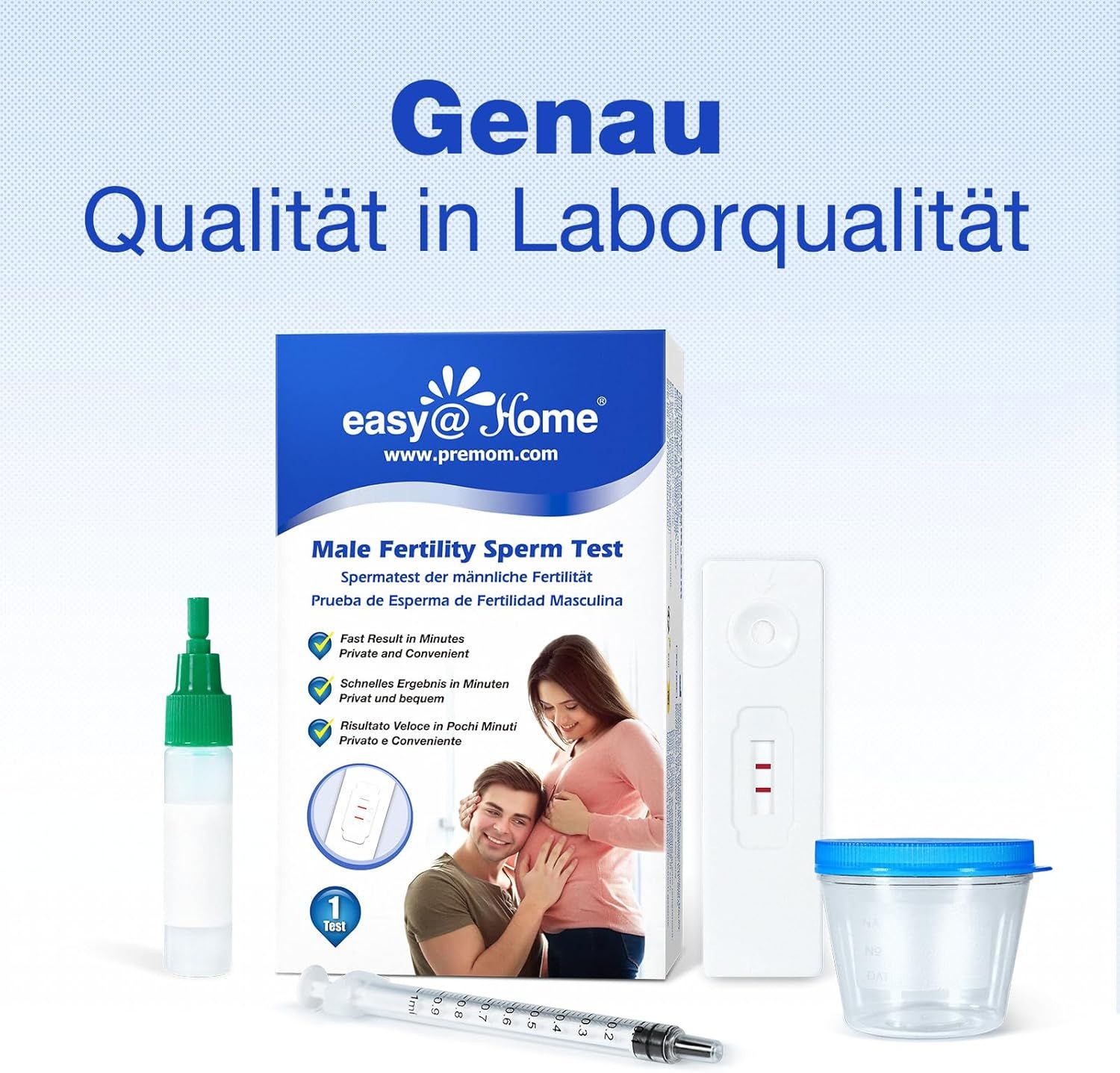 Produktverpackung, Teststreifen, Behälter, Spritze. Text: easy@home, Male Fertility Sperm Test, Genau, Qualität in Laborqualität.