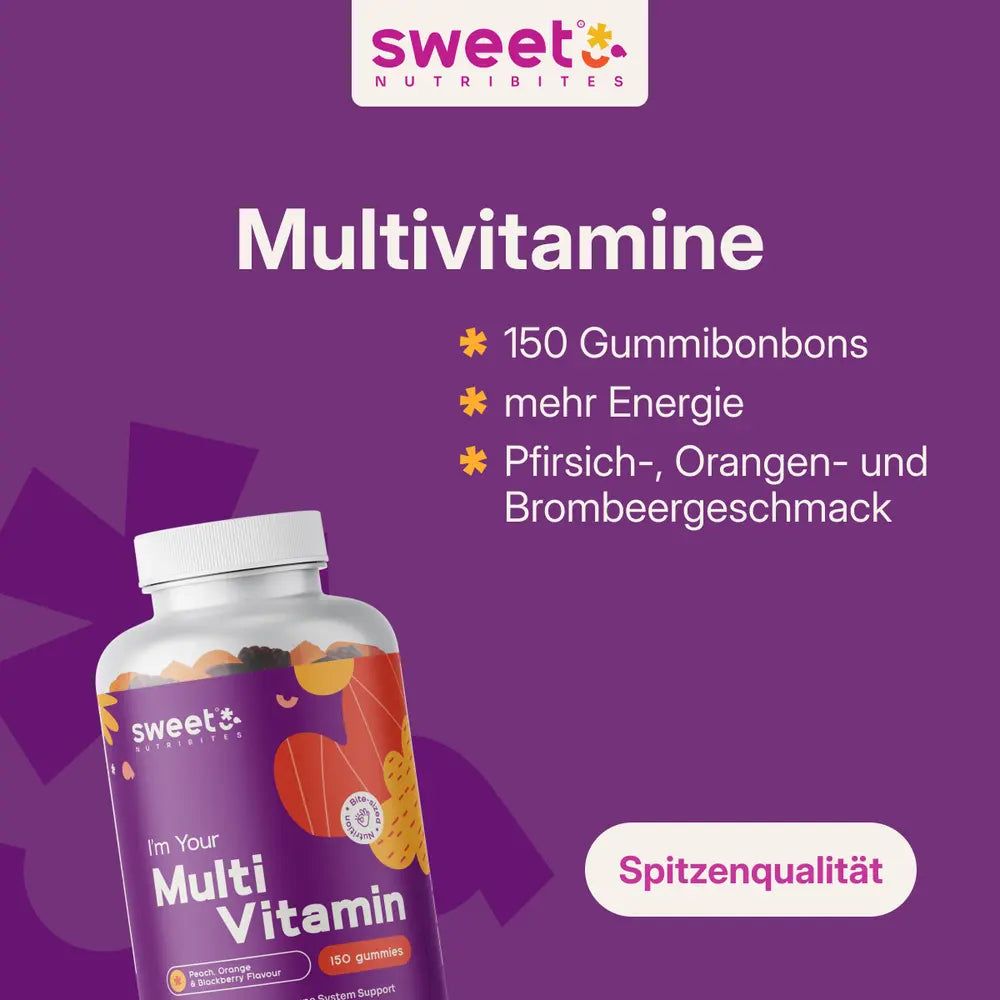 Flasche Sweet Nutribites Multivitamin. Text: Multivitamine, 150 Gummibonbons, mehr Energie, Pfirsich-, Orangen- und Brombeergeschmack. Spitzenqualität.