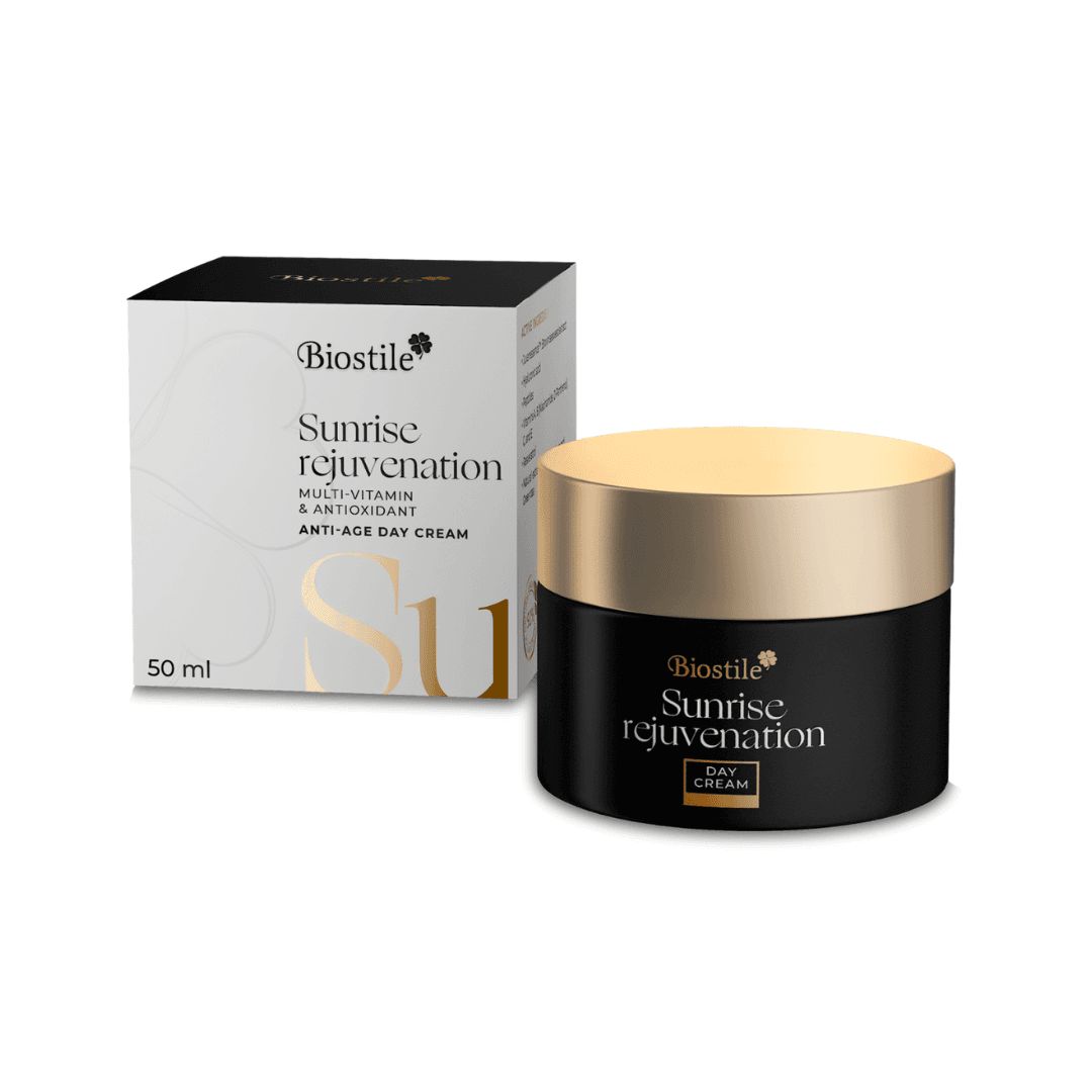 Schwarzer Tiegel mit goldfarbenem Deckel. Aufschrift: Biostile Sunrise Rejuvenation Day Cream. Daneben Verpackung.
