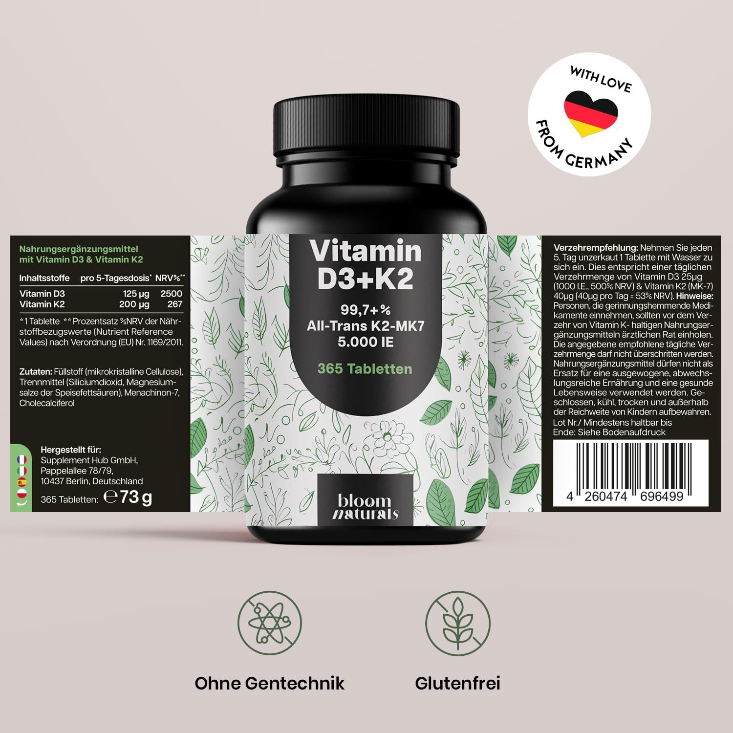 Schwarze Flasche mit weißem Etikett. Text: Vitamin D3+K2, 99,7% All-Trans K2-MK7, 5.000 IE, 365 Tabletten. Mit Liebe aus Deutschland.