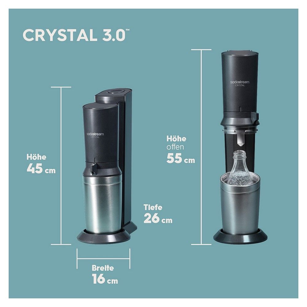 SodaStream Crystal 3.0 Wassersprudler, Titan, QC CO2-Zylinder, 2x Glaskaraffe 0,6 L