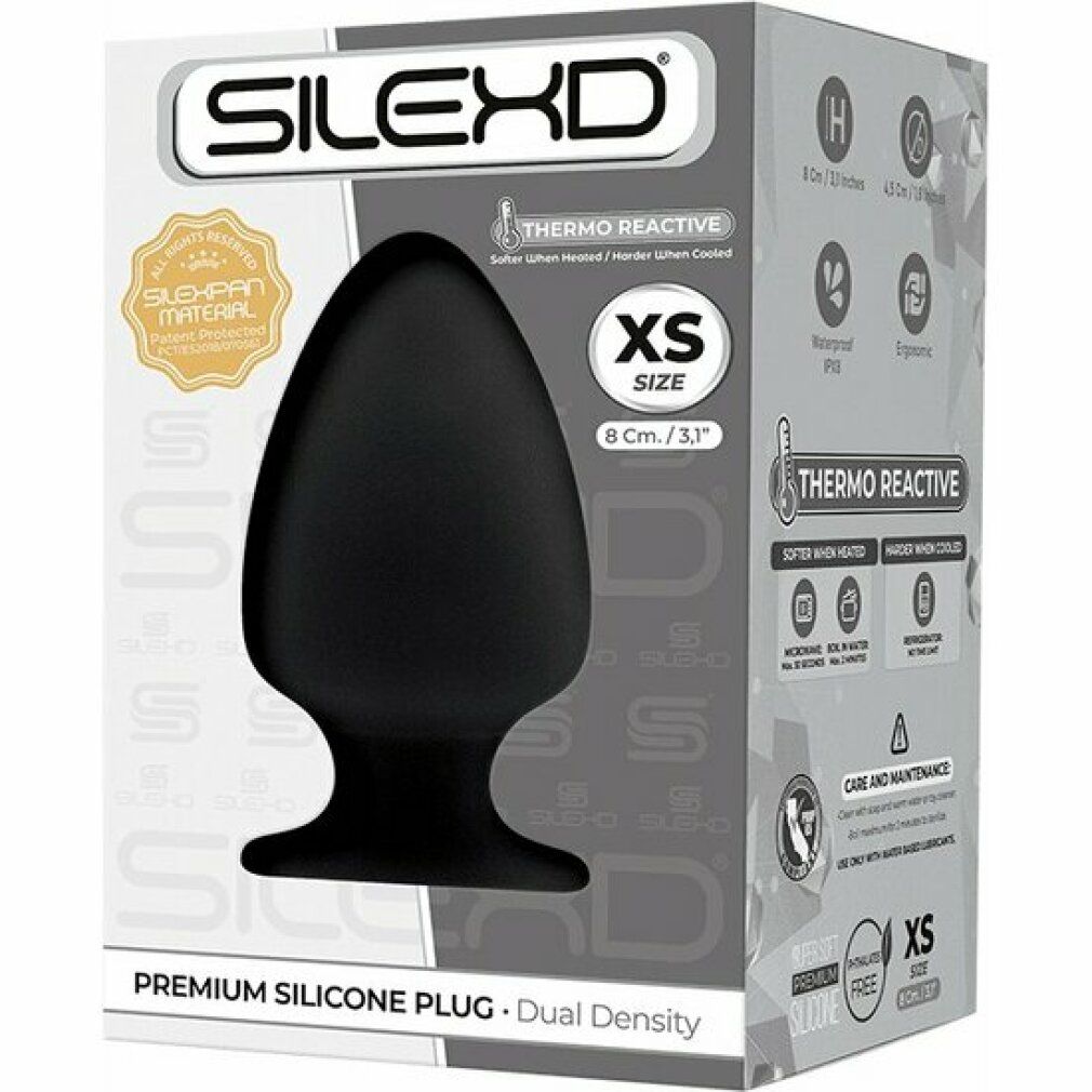 Schwarzer Analplug in Verpackung. Marke SILEXD, Größe XS. Premium-Silikon, duale Dichte. Thermo Reactive.