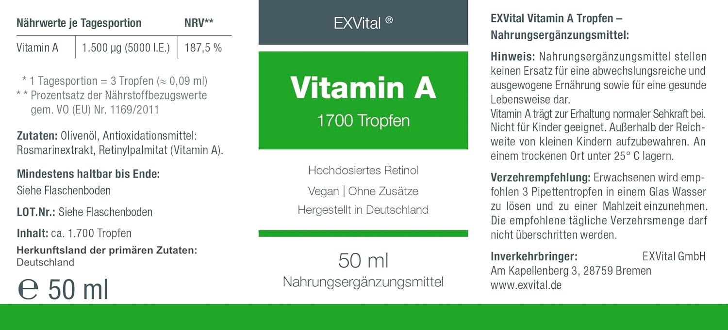 Etikett von EXVital Vitamin A Tropfen. Enthält Informationen zu Vitamin A, 1700 Tropfen, 50 ml, und Inhaltsstoffen.