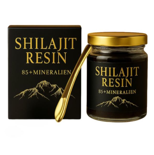Glas mit Shilajit Resin, goldener Deckel, schwarzes Etikett mit Schriftzug. Schwarze Schachtel mit gleichem Design. Goldener Löffel.