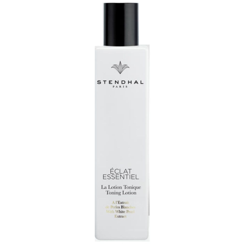 Stendhal Éclat Essentiel Toning Lotion Flasche mit schwarzem Verschluss. Enthält White Pearl Extrakt.