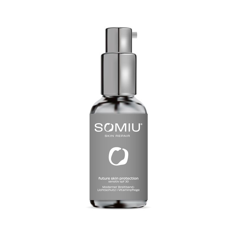 Graue Flasche mit silbernem Pumpkopf. Aufschrift: SOMIU SKIN REPAIR, future skin protection spf 30 sensitiv. Moderner Breitbandschutz.