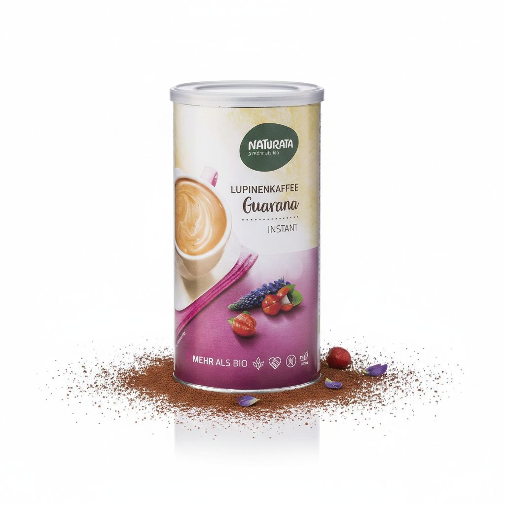 Dose Naturata Lupinenkaffee mit Guarana Instant, umgeben von Kaffeepulver und Blüten.