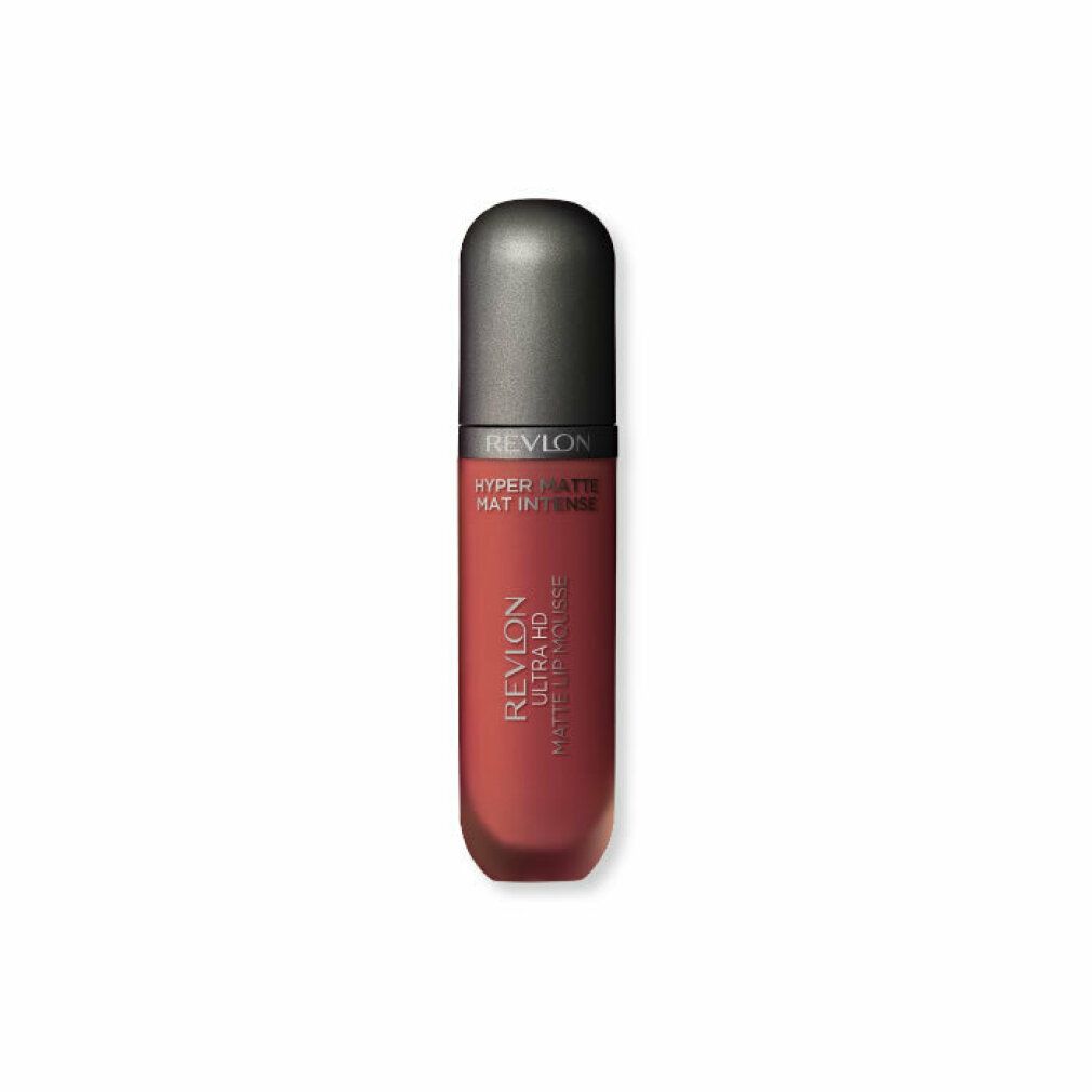 Revlon Ultra HD Matte Lip Color. Rostfarbener Behälter mit dunklem Deckel. Text: Hyper Matte, Mat Intense.