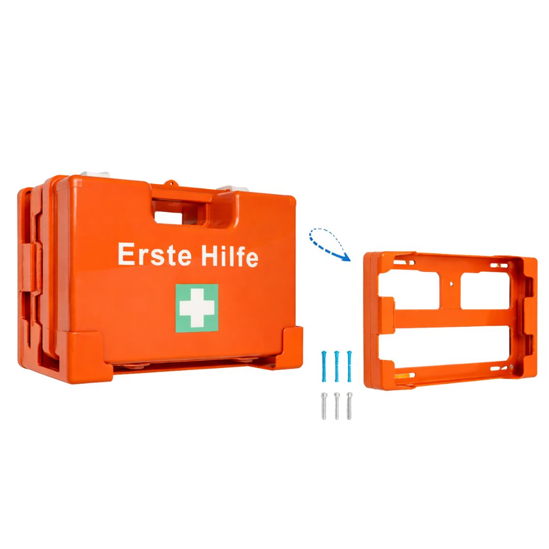 Orange Erste-Hilfe-Koffer mit weißem Kreuz. Zubehör: Wandhalterung, Schrauben. Text: Erste Hilfe.