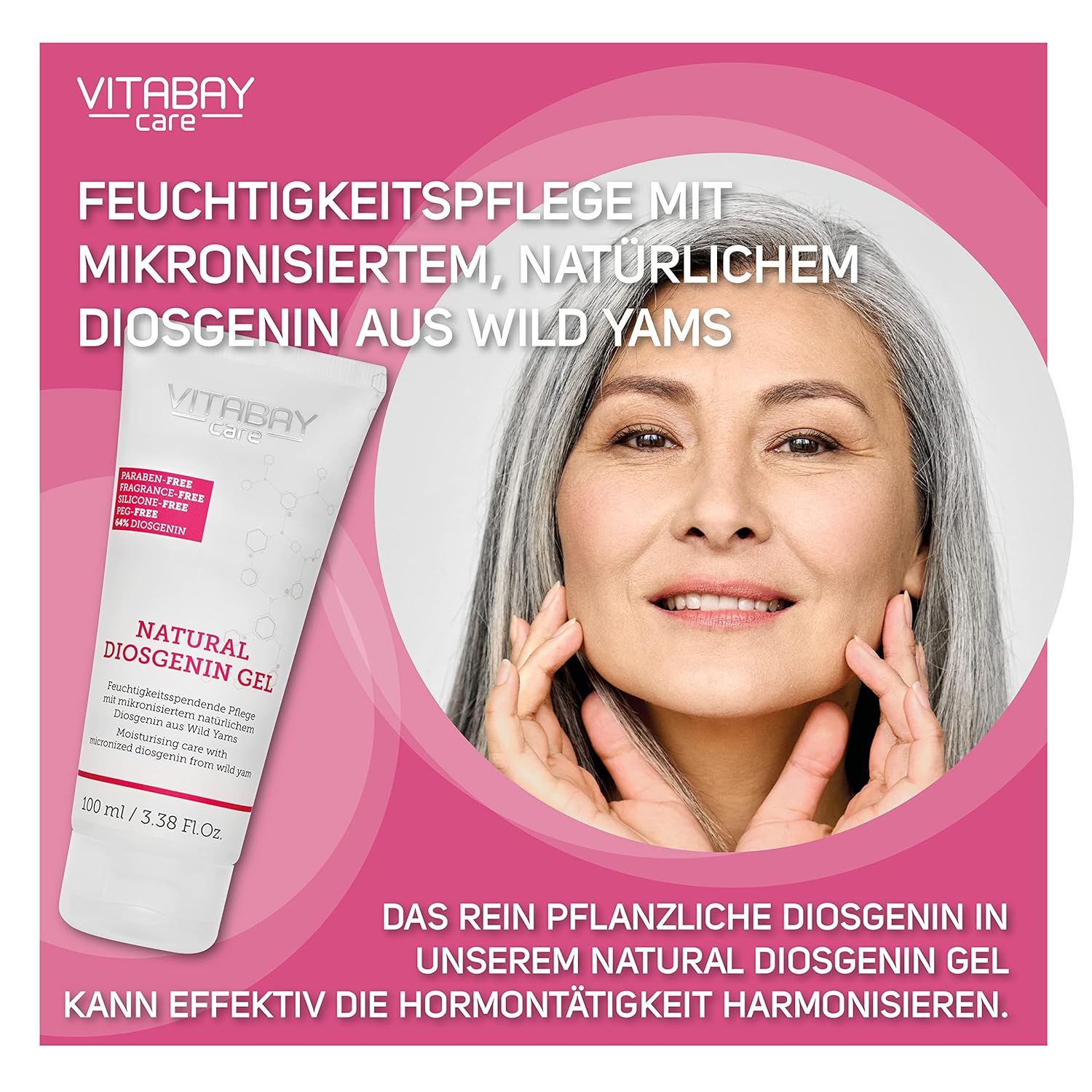 Frau berührt ihr Gesicht. Daneben eine Tube Natural Diosgenin Gel. Text: Feuchtigkeitspflege mit mikronisiertem, natürlichem Diosgenin.