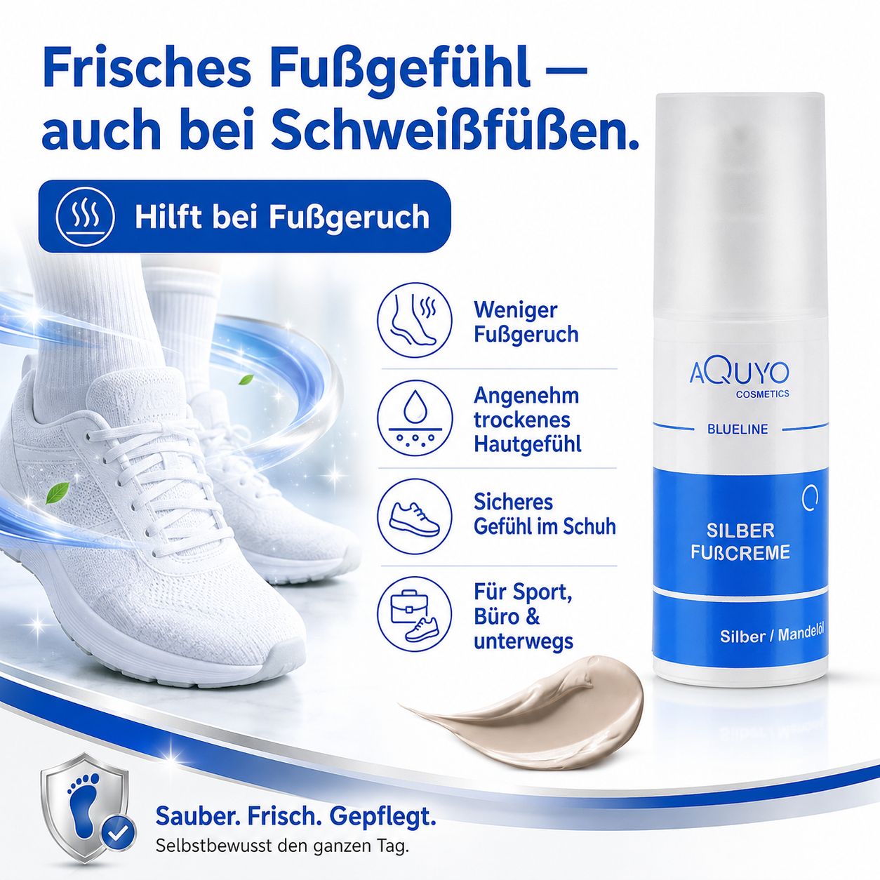 Zwei Füße in weißen Schuhen und die Creme mit einem Klecks Creme. Grafische Darstellung der Vorteile. Text: Frisches Fußgefühl.