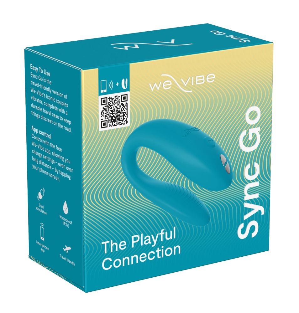 Verpackung für We-Vibe Sync Go. Türkisblau mit Produktbild. Text: 'Sync Go' und 'The Playful Connection'.