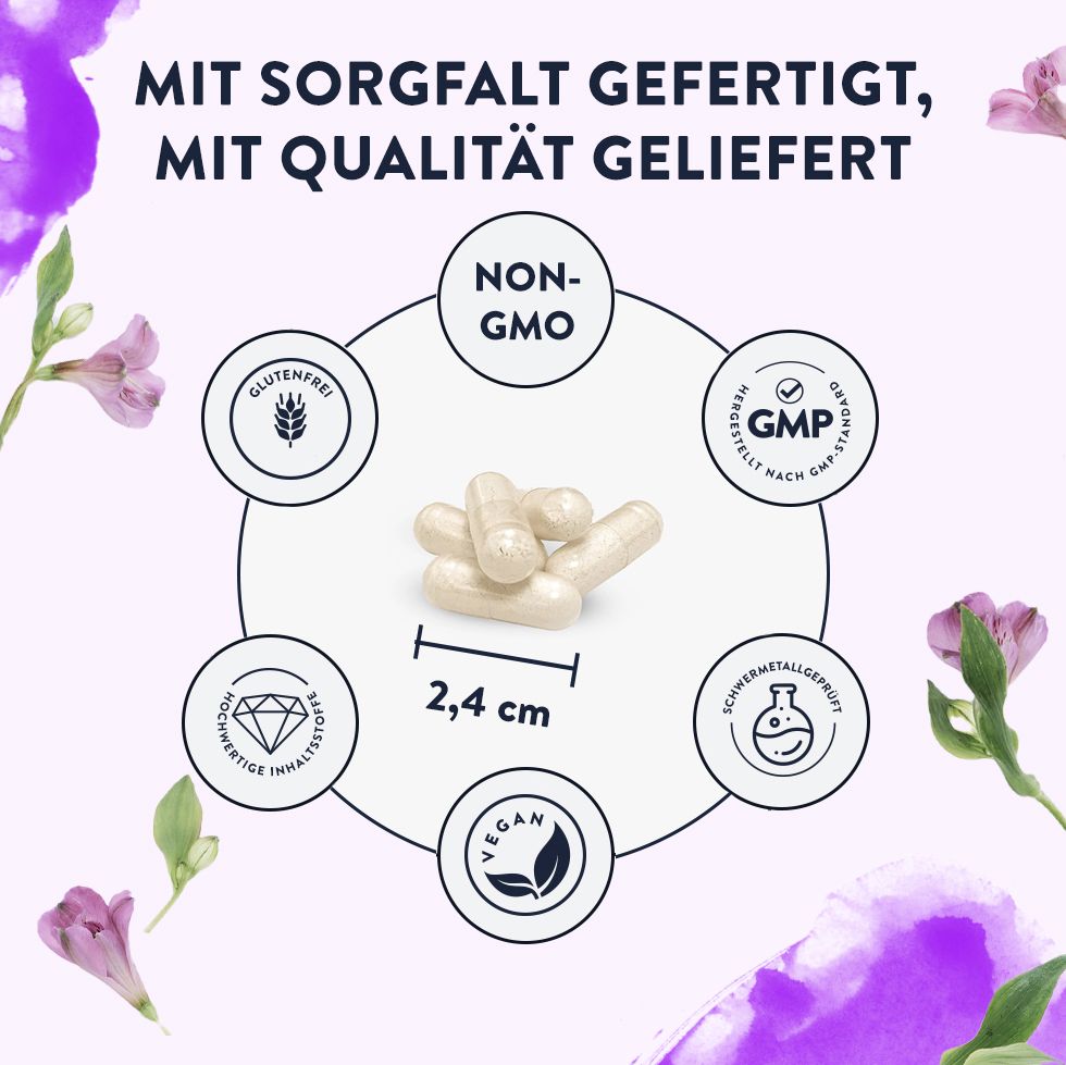 Nahaufnahme von Kapseln. 2,4 cm lang. Vegan, glutenfrei, Non-GMO, GMP-zertifiziert.