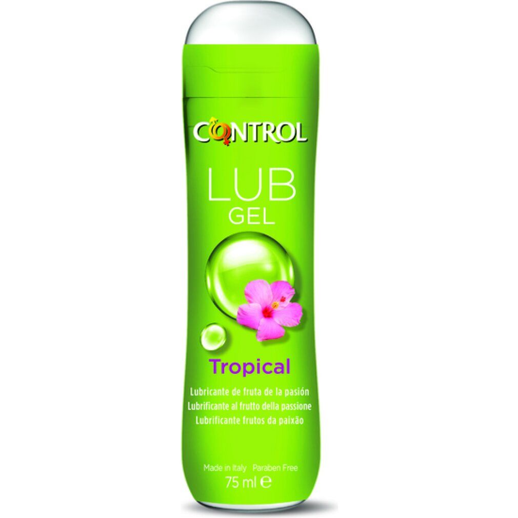 Grüne Flasche mit weißem Deckel. Aufschrift: CONTROL LUB GEL Tropical. Enthält 75 ml. Mit Abbildung einer Blüte.